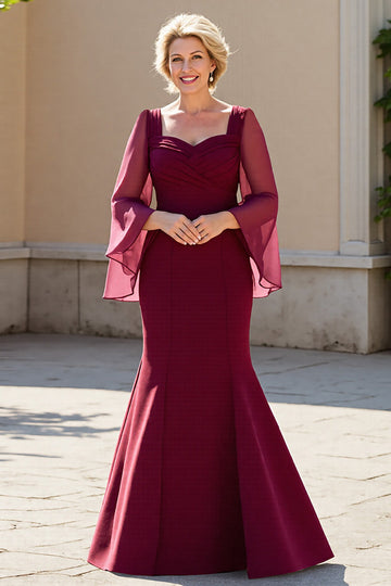 Robe mère de la mariée en mousseline de soie de soie bordeaux à manches longues